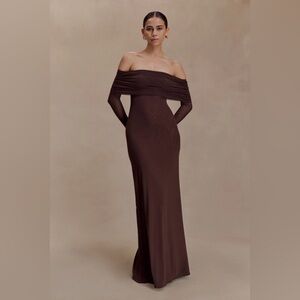 Meshki Josie Off Shoulder Mesh Maxi Dress - Dark Brown